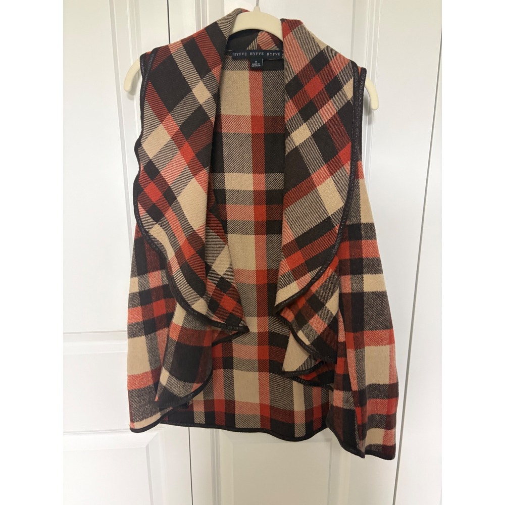 Hyfve Plaid Drape Front Vest Brown Orange Tan Sleeveless M